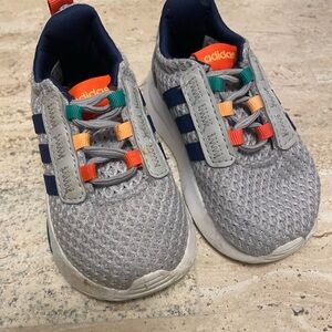 Adidas Toddler Lego Inspired Gray Sneakers with Blue and Orange Accents